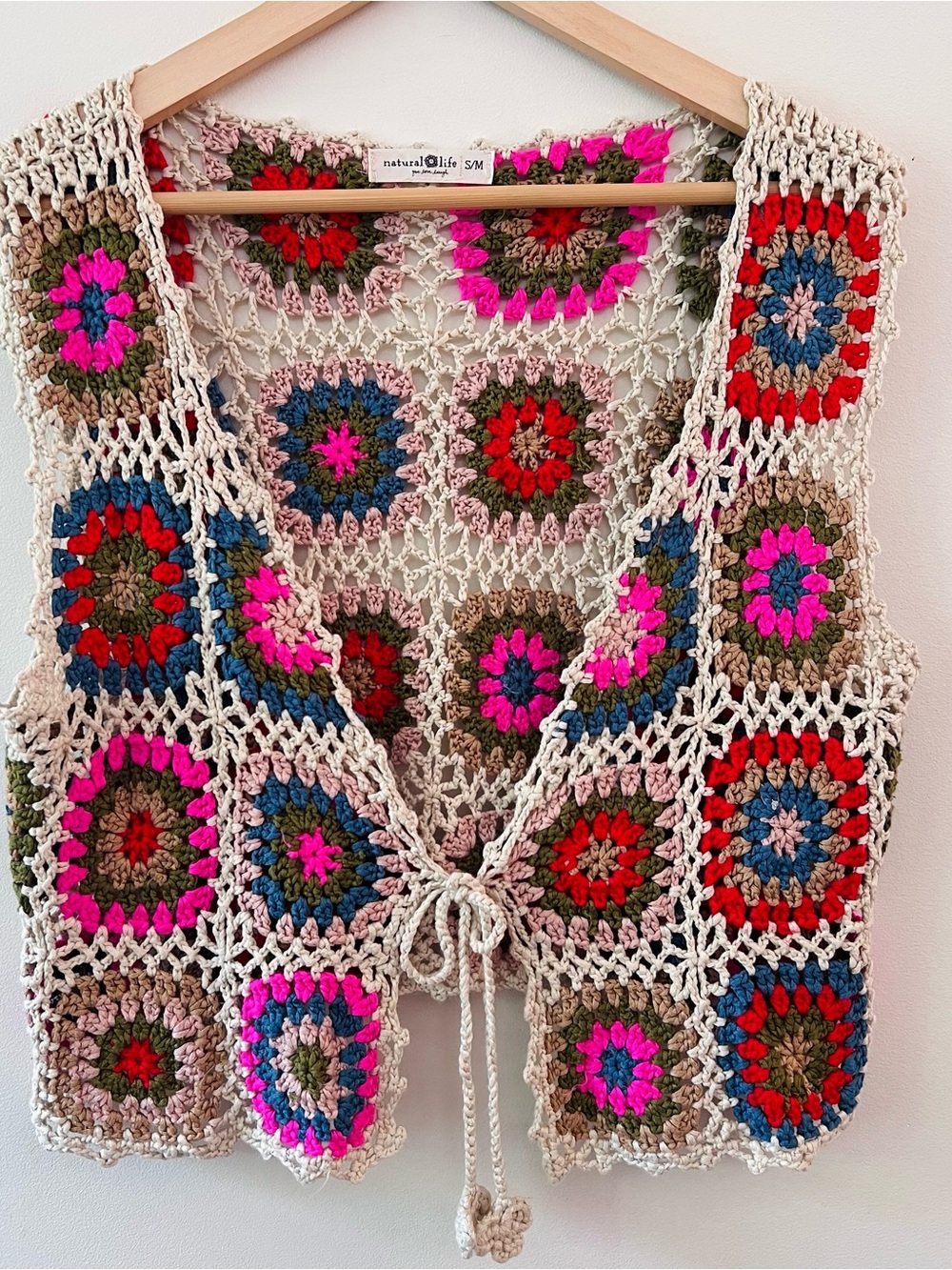 Natural Life Crochet Coloful Granny Square Vest Tie Detail S/M Boho Festival
